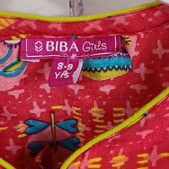 BIBA Girls Pink Bird Floral Cotton Straight Printed Kurta Indian Tunic Spring - Picture 3 of 10